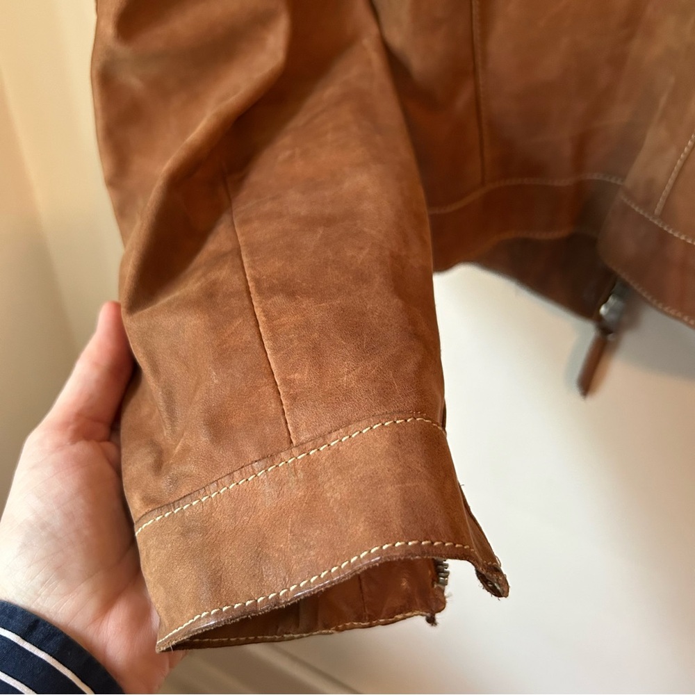 Roots Tan Brown Nubuck Leather Moto Jacket Tab Collar Zip Up - Sz 6 - Picture 13 of 16